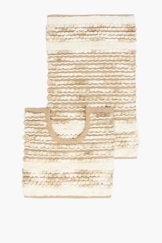 2 Piece Textured Twist Bobble Stripe Cotton Bath Mat Set