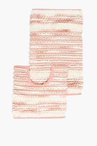 2 Piece Textured Twist Bobble Stripe Cotton Bath Mat Set