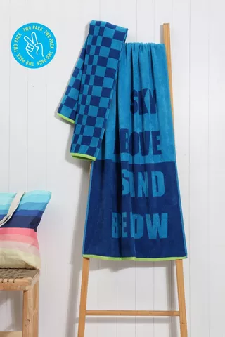2 Pack Typography Cotton Reversible Beach Towel Combo, 70x130cm