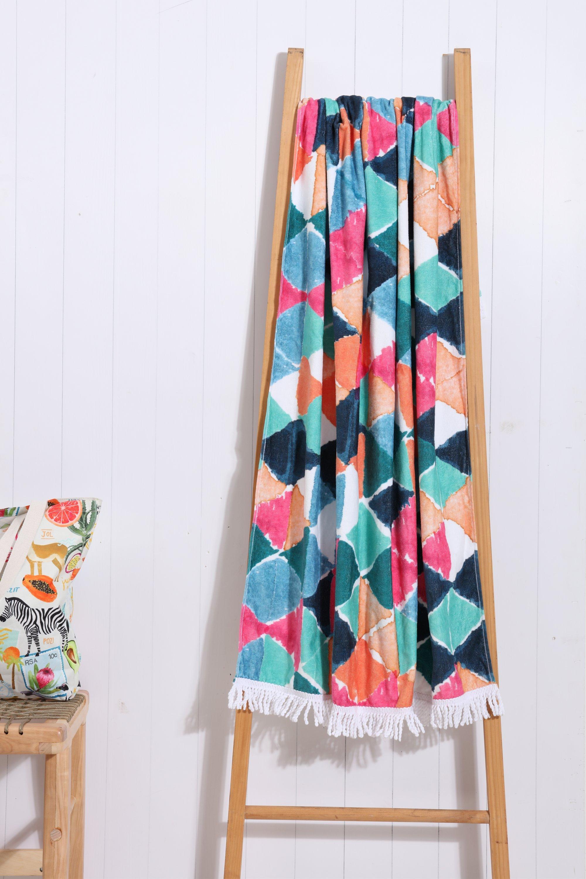 Reversible Printed Fringe Geometric Beach Towel, 90x150cm