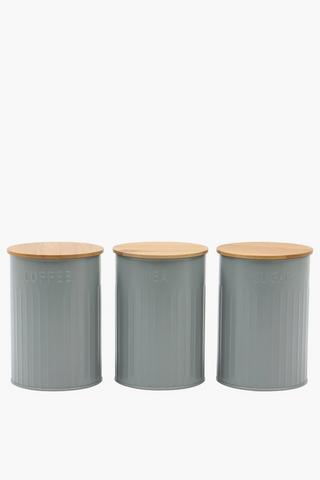 Set Of 3 Metal And Wood Canisters