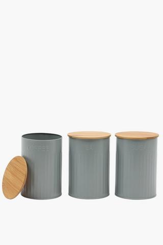 Set Of 3 Metal And Wood Canisters