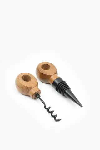 2 Piece Wood Wine Opener And Stopper