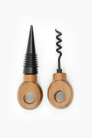 2 Piece Wood Wine Opener And Stopper
