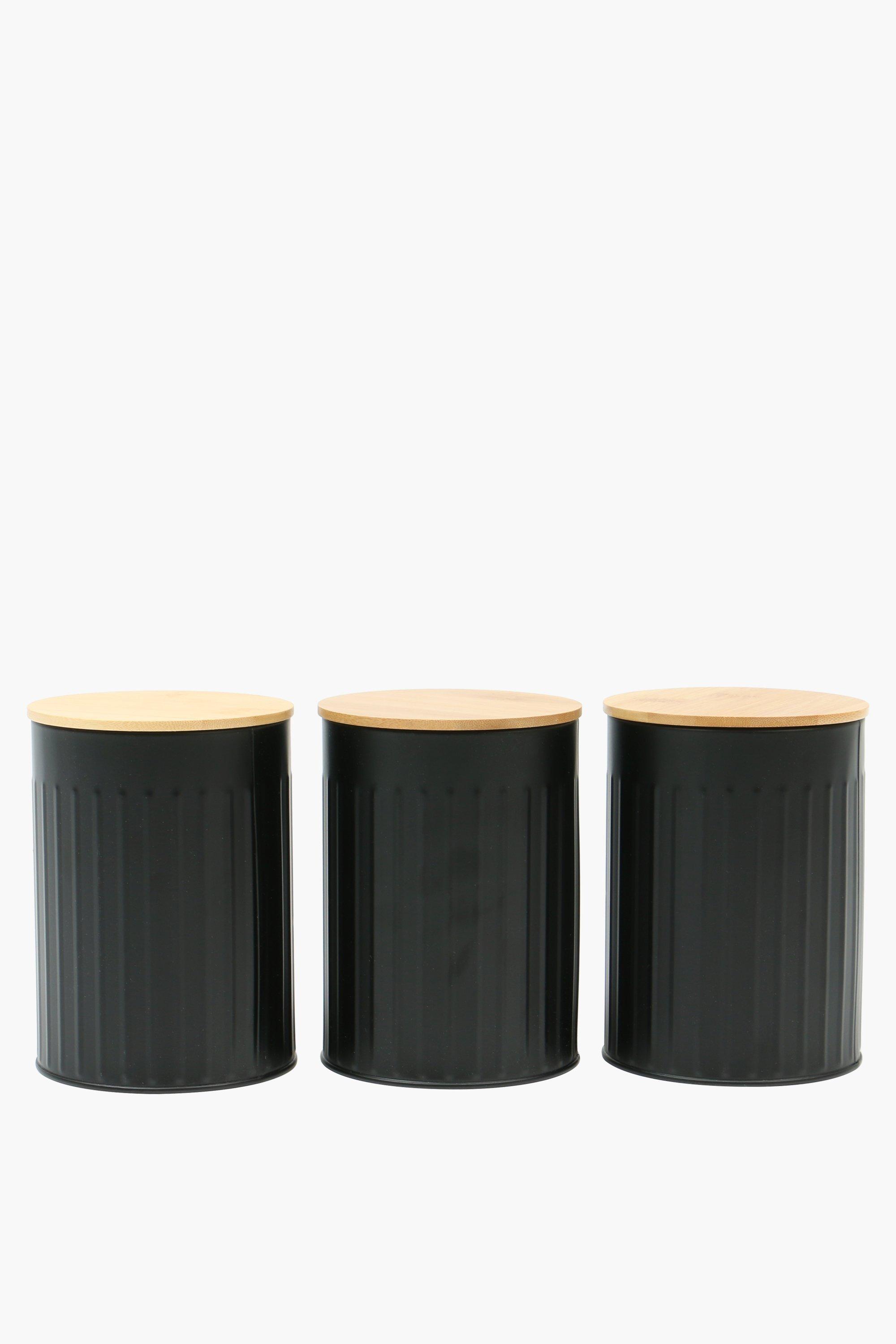 Set Of 3 Metal And Wood Canisters