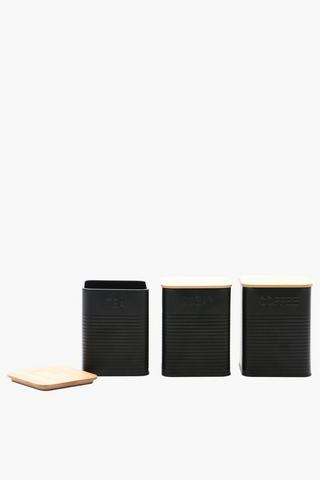 Set Of 3 Metal And Wood Canisters