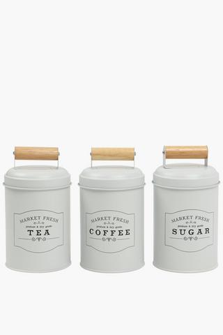 Set Of 3 Metal And Wood Canisters
