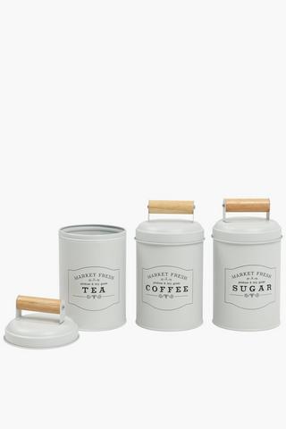 Set Of 3 Metal And Wood Canisters
