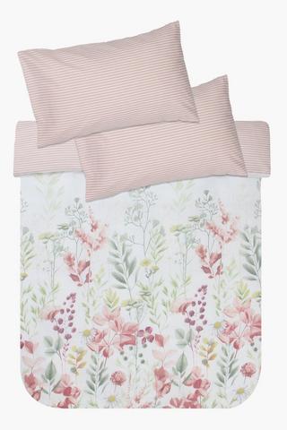 Polycotton Partridge Floral Reversible Stripe Duvet Cover Set