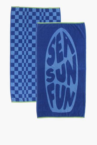 2 Pack Typo And Check Cotton Beach Towel, 70x130cm