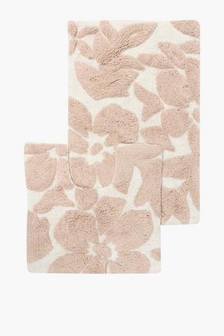 Polycotton 2 Piece Tufted Floral Shaggy Bath Mat Set, 50x80cm