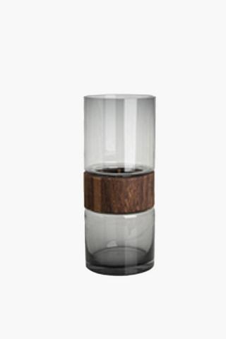 Glass And Wood Cylinder Vase, 10x25cm