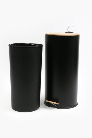 Metal And Bamboo Round Step Dustbin, 30l