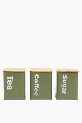 Set Of 3 Metal And Wood Canisters