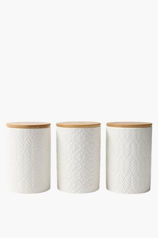 Set Of 3 Embossed Ceramic Canisters