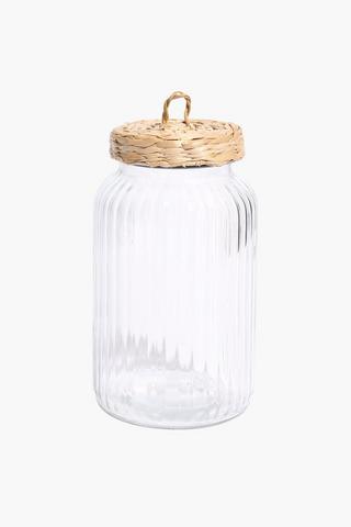 Straw Lid Glass Ribbed Jar