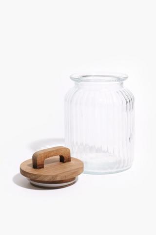 Acacia Lid Glass Ribbed Jar