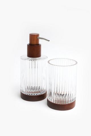 Ribbed Glass Wood Trim Soap Dispenser