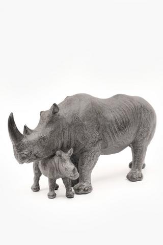 Rhino And Calf Statue, 34x20 Cm