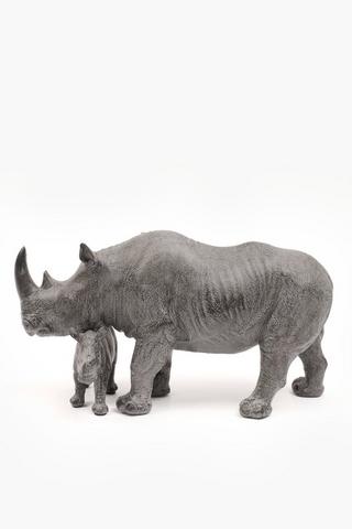 Rhino And Calf Statue, 34x20 Cm