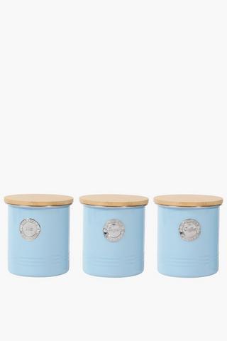 Set Of 3 Metal And Wood Canisters