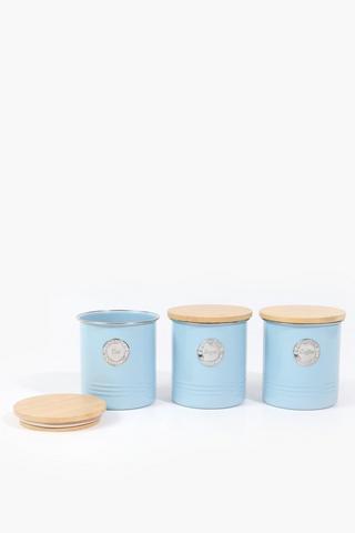 Set Of 3 Metal And Wood Canisters