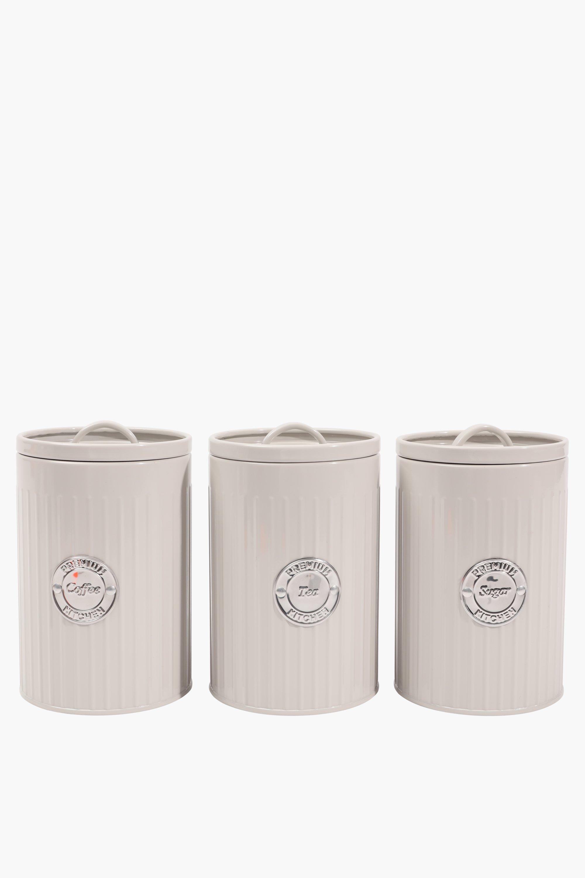 Set Of 3 Galvanised Ribbed Canisters