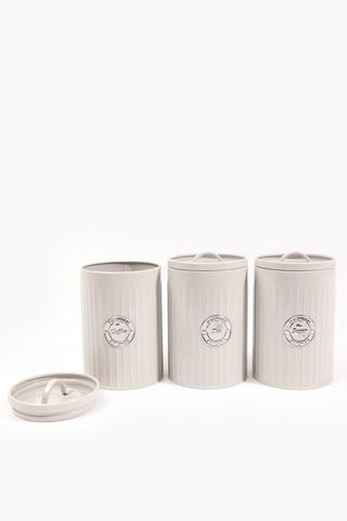 Set Of 3 Galvanised Ribbed Canisters