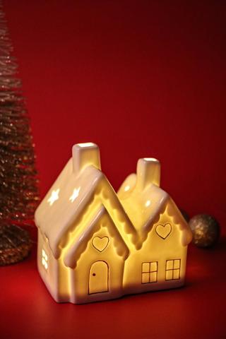 Led Ceramic Twin House, 14x14cm
