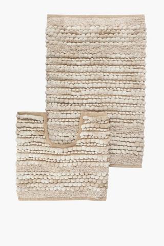 2 Piece Textured Twist Bobble Stripe Cotton Bath Mat Set