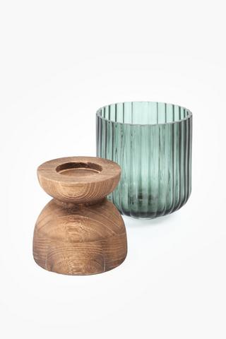 Ribbed Glass And Wood Hurricane, 13x24cm