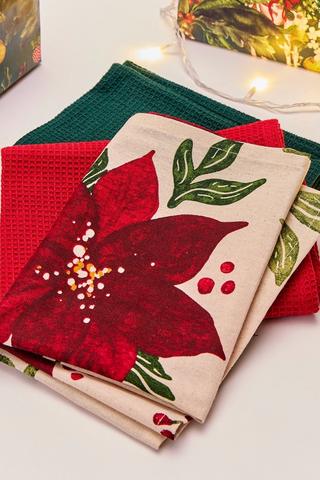 Pack Of 3 Christmas Poinsettia Tea Towel Set