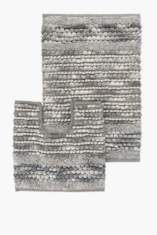 2 Piece Textured Twist Bobble Stripe Cotton Bath Mat Set