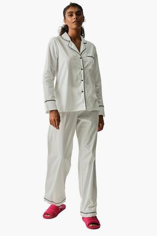 100% Cotton Piped Long Sleeve Top And Pant Set Large