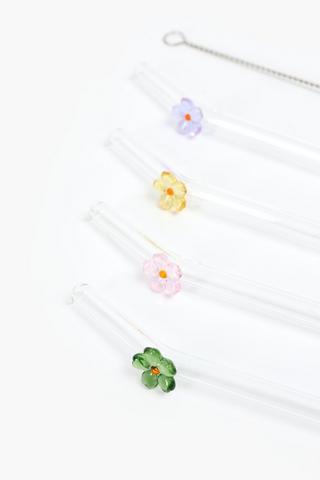 4 Pack Flower Glass Straw Set