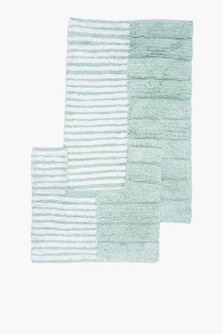 2 Piece Cotton Block And Stripe Bath Mat Set