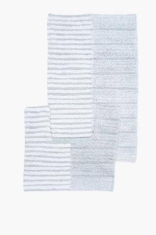 2 Piece Cotton Block And Stripe Bath Mat Set