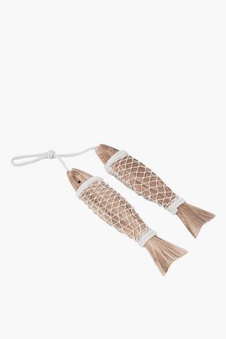 Hanging Wooden And Woven Fish, 13.5x44cm