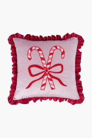 Christmas Velvet Embroidered Candy Cane Scatter Cushion, 60x60cm