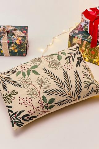 Christmas Embroidered Holly Scatter Cushion, 40x60cm