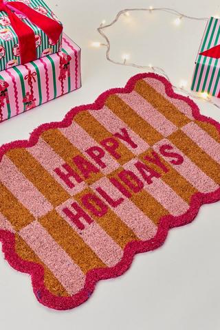 Christmas Coir Scalloped Happy Holidays Door Mat, 40x60cm