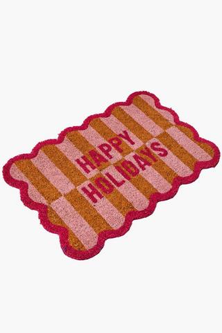 Christmas Coir Scalloped Happy Holidays Door Mat, 40x60cm
