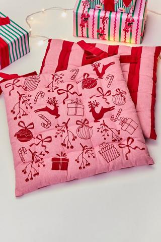 Christmas 2 Pack Bows Cotton Chair Pad, 40x40cm