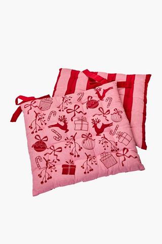 Christmas 2 Pack Bows Cotton Chair Pad, 40x40cm