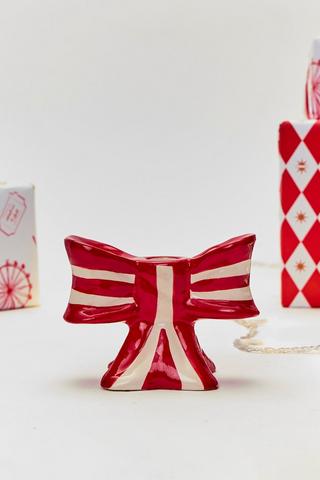 Christmas Stripe Bow Dinner Candle Holder, 12.5x9.5cm
