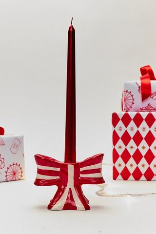 Christmas Stripe Bow Dinner Candle Holder, 12.5x9.5cm