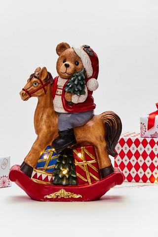 Christmas Led Teddy On Rocking Horse, 37.5x52cm