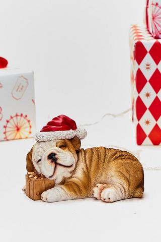 Christmas Sleeping Bulldog Statue, 16x10.5cm