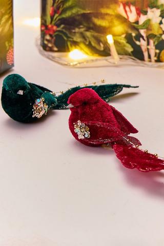 2 Pack Christmas Velvet Birds, 19cm