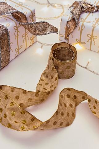 Christmas Dotty Linen Ribbon, 3m
